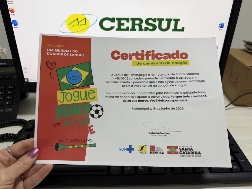 CERSUL recebe reconhecimento do HEMOSC por incentivo à doação de sangue